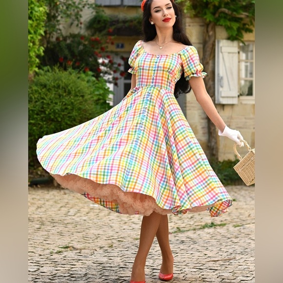 New ✨ Carmen’ Bright Check Vintage Dress - Picture 3 of 11